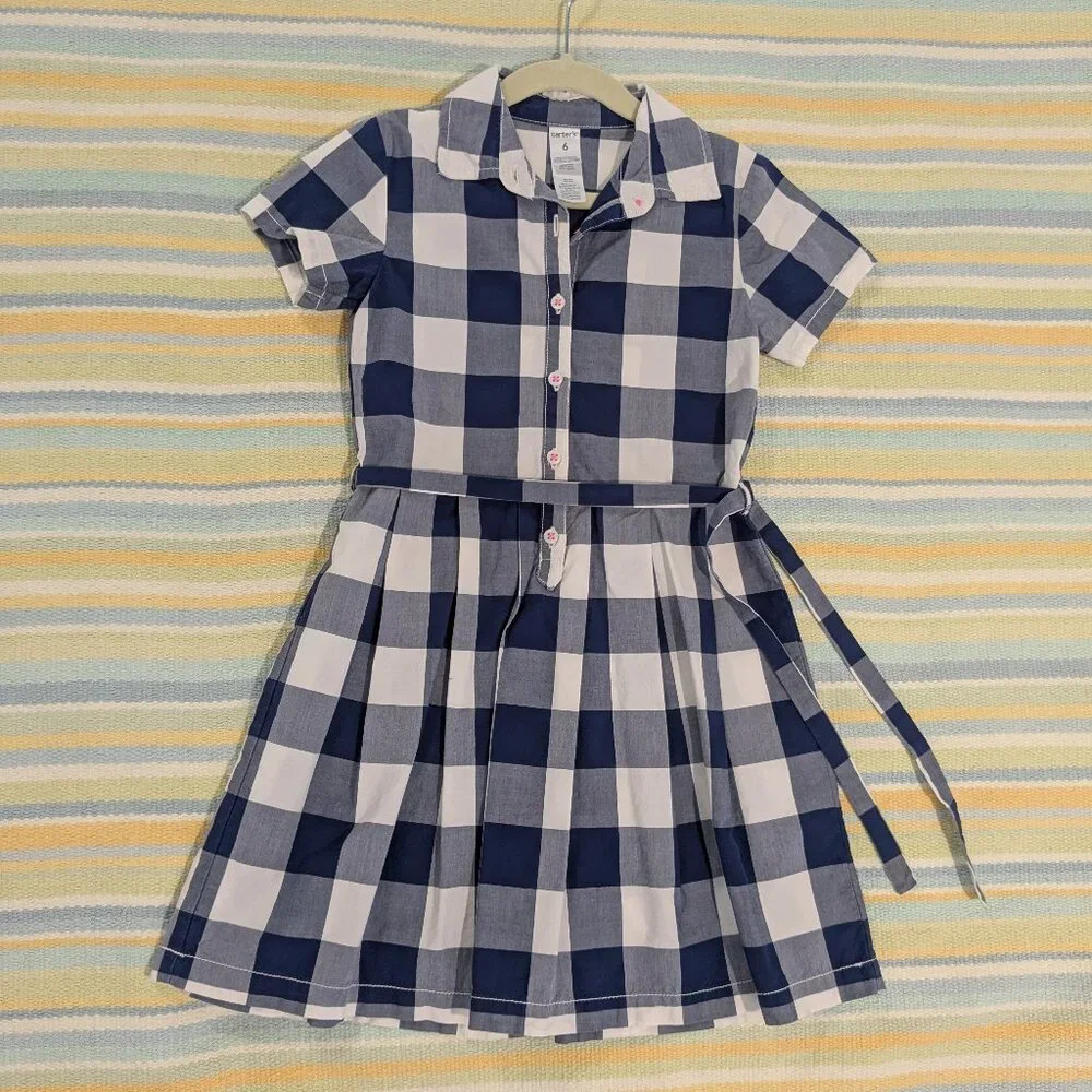 ⭐ Carter's white and blue gingham check shirt dress size 6